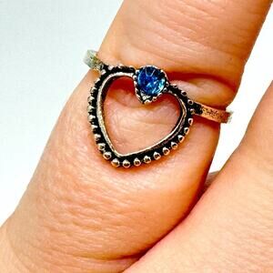 Silver Tone Beaded Heart Blue Gemstone Dainty Boho Ring NEW